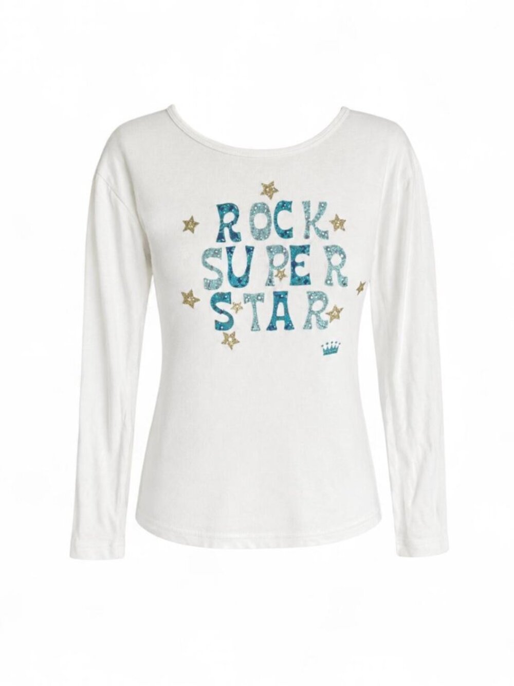 White long sleeve top with blue glittery 'ROCK SUPER STAR' text and gold stars